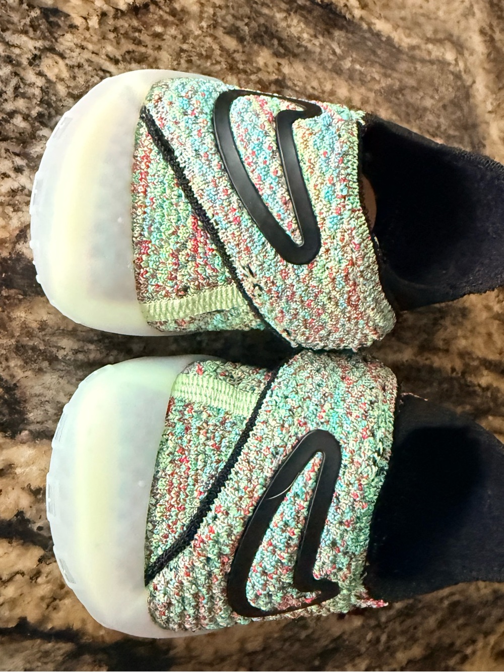 Nike swoosh 1 Multi-Color Knit Slide Sandals in Mint and Coral 3c